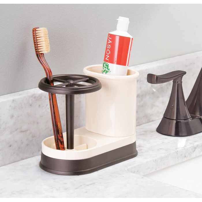 mDesign Toothbrush Holder - high-quality toothbrush holder made of plastic for the bathroom sink or vanity cabinet - practical holder for toothbrushes and toothpaste - white and matte silver (Vanilla/Bronze)