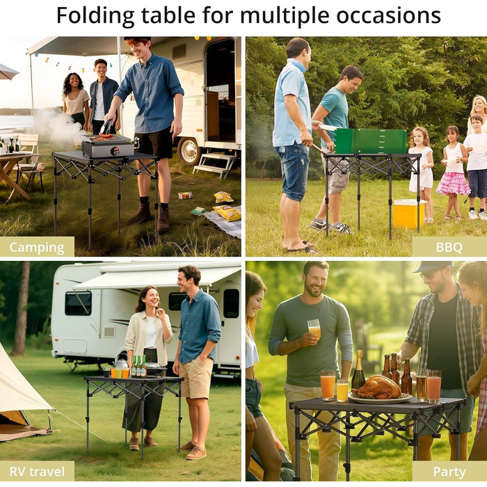 Складний алюмінієвий стіл для кемпінгу Anbte 67x58 см, регульована висота (44/70 см), вантажопідйомність до 150 кг, з сумкою для зберігання