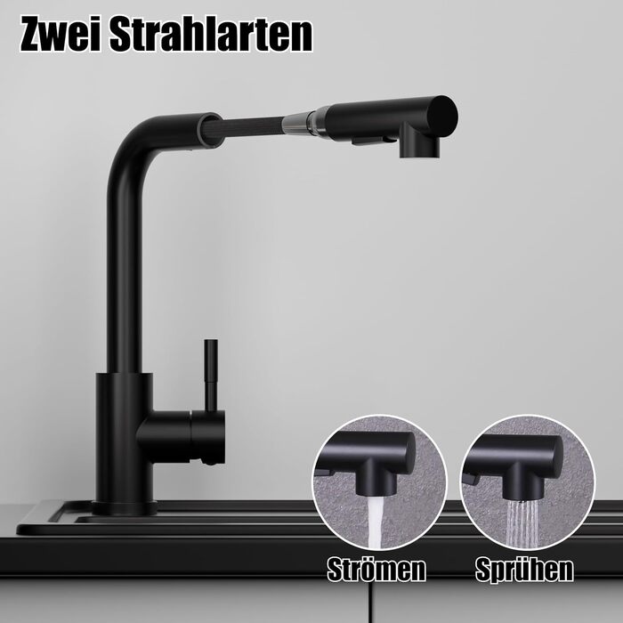 Кухонний змішувач SEMANEY з висувною лійкою, чорний, з донним клапаном, 360° обертання, 2 режими, для кухні