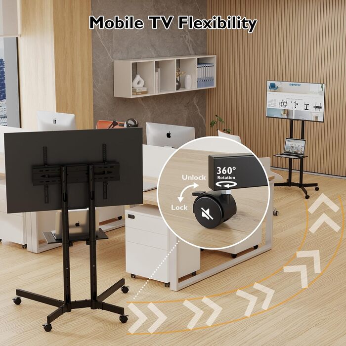 Підставка для телевізора BONTEC Mobiler TV-Wagen: регульована висота, VESA 600x400, до 55 кг, з полицею для ноутбука та кабельною організацією, для офісу, дому та геймінгу