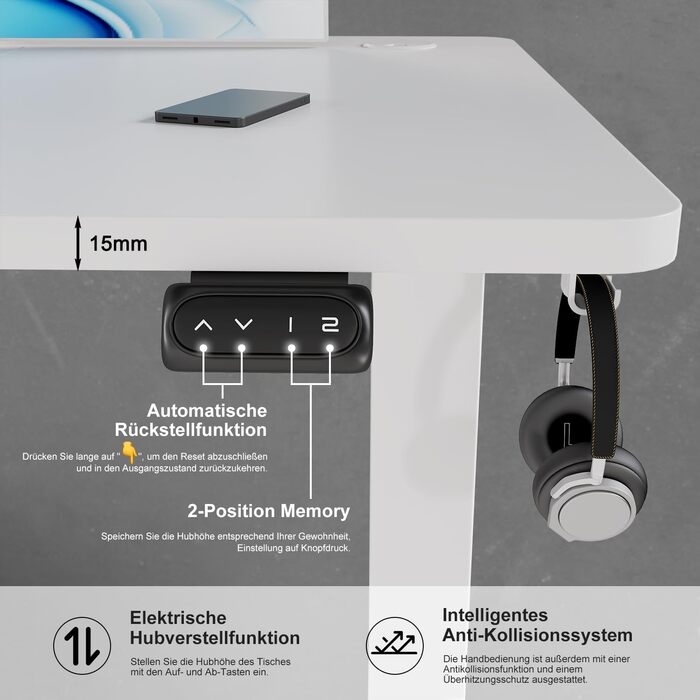 Devoko Electric Standing Desk 160x70cm - Adjustable Height, Stable Standing Desk, Computer Table with Memory Function, Ergonomic Sit-Stand Desk (White)