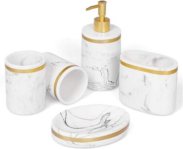 Набір аксесуарів для ванної кімнати 5 шт. з імітацією мармуру (білий + золото/чорний), включає: дозатор мила, стакан для зубної щітки, мильниця, тримач для зубних щіток, набір для ванної кімнати