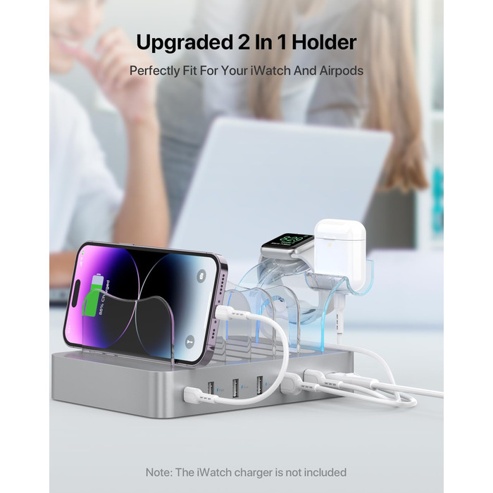 Зарядна станція SooPii USB 60W/12A з 6 портами, органайзер для декількох пристроїв з тримачем для Apple Watch, 6 кабелів в комплекті (срібло)