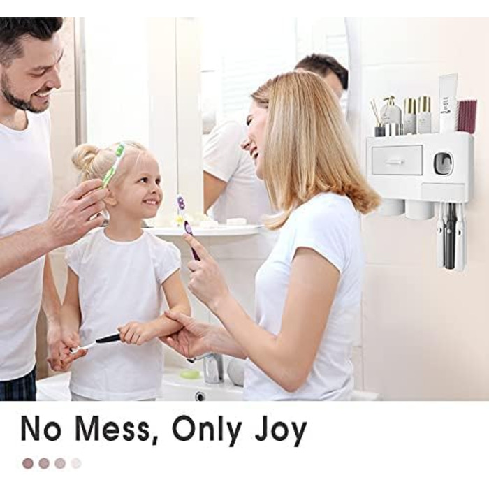 I have toothbrush holders for bathroom decor, 2 cup toothbrush holders wall-mounted with toothpaste dispenser, bathroom accessories with a large-capacity tray, and a cosmetic drawer.