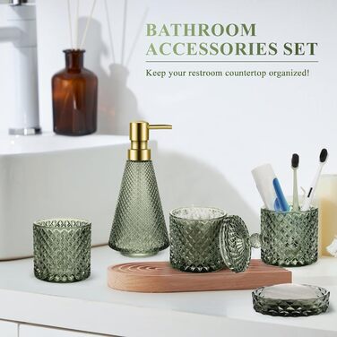 Набір аксесуарів для ванної кімнати зі скла, 5 предметів, зелений, вінтажний стиль. Включає: миловарку, 2 склянки, тримач для зубних щіток, миловарку та піднос для мила.