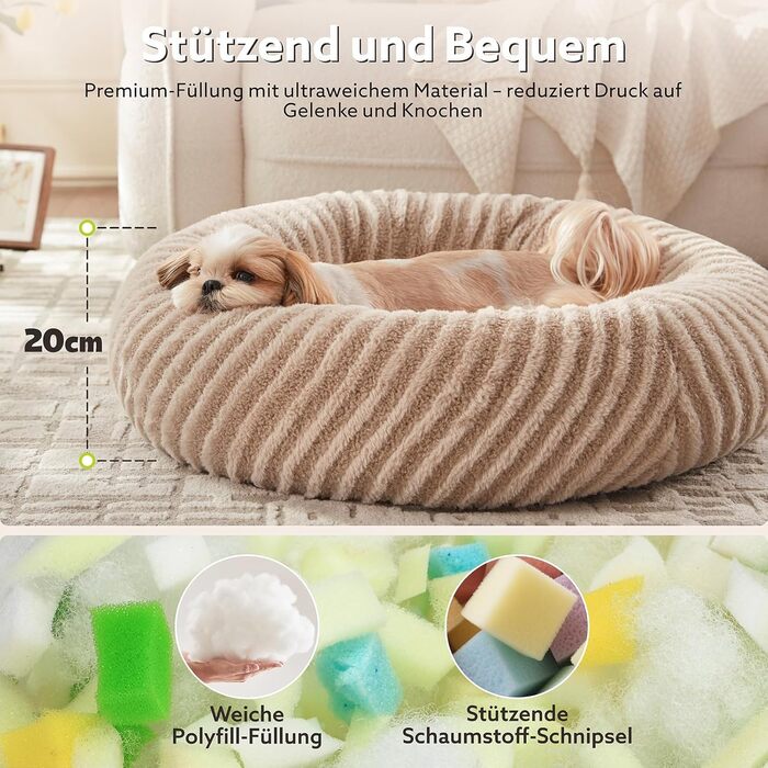 Кругле ліжко для собак середніх порід та котів, коричневе, 76x76x20 см, знімний кошик, гранульована та memory-піна