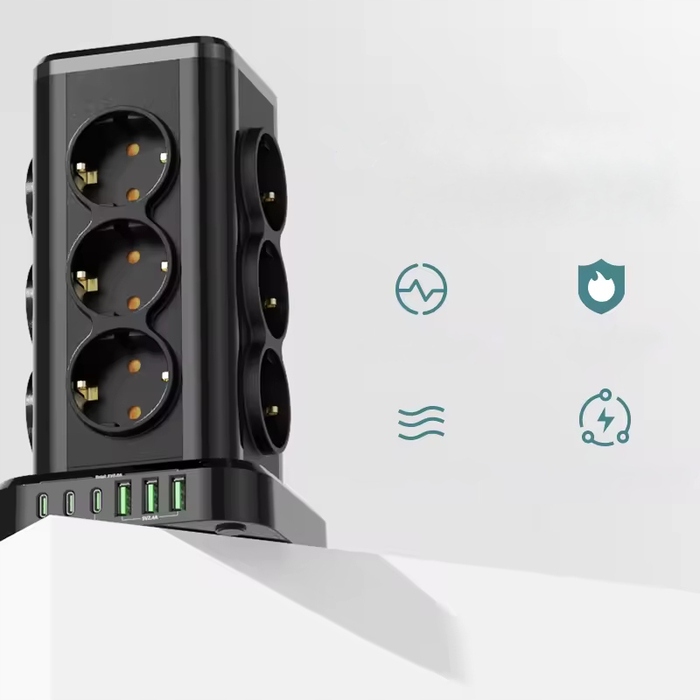Мережевий фільтр Perys: 12 розеток, 3x USB-A, 3x USB-C, 2 м, чорний