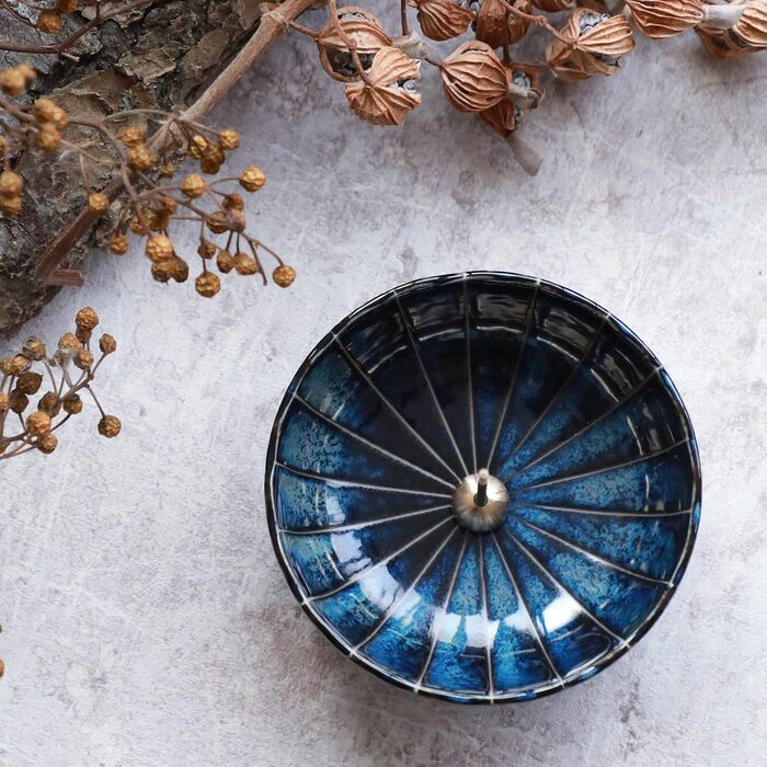 Asayu Japan Incense Holder - Blue Lotus - For 10cm Incense Sticks, Made in Japan, Traditional Ceramic Ash Catcher, Includes Removable Brass Stand - For Yoga, Meditation, and Relaxation