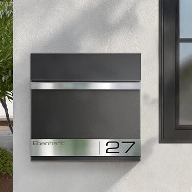 Поштова скринька Metzler Premium з газетницею Anthrazit (Антрацит) та іменним шильдиком - настінна, з нержавіючої сталі V2A з порошковим покриттям RAL 7016, модель Stencil