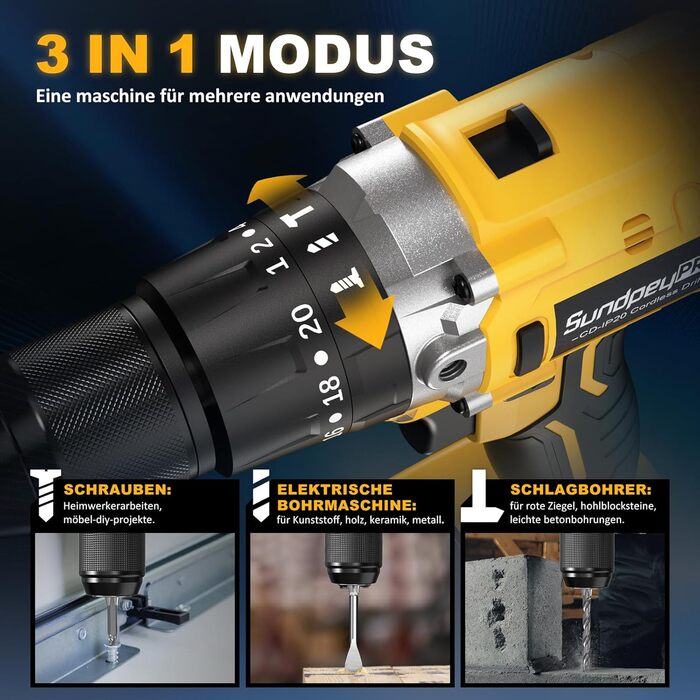 Акумуляторний ударний дриль-шуруповерт 21V - 120Nm безщітковий, комплект з 2 акумуляторами 4Ah, 20+3 ступені крутного моменту, патрон 13 мм, 2 швидкості, 35-елементний набір аксесуарів