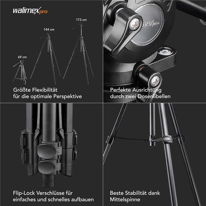 Відеоштатив Walimex pro Advanced 173 SH для DSLR камер, камкордерів та смартфонів, макс. навантаження 4 кг, з тримачем для телефону та сумкою