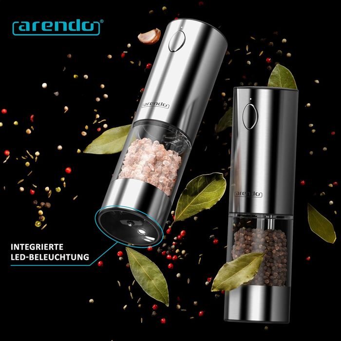 Електричні млини для спецій Arendo – набір з солі та перцю, нержавіюча сталь, керамічний механізм, LED-підсвічування, акумулятор, щітка та воронка