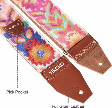 Гітарний ремінь 5,1 см з бавовни з шкіряними кінцями для бас-гітари, електрогітари та акустичної гітари (Квітка, кольорова 03)