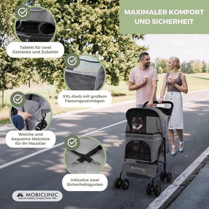 Mobiclinic® Pet Folding Dog Cart - 15kg Capacity, Small Dogs, Zuma Wheels with Brakes, XXL Storage Basket, 3 Zipper Windows & Mosquito Net, Cup Holder, Grey