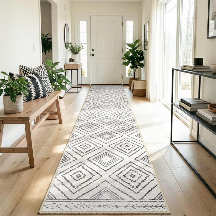Килимок-довгий килим для коридору 60 x 180 см, неслизький для кухні, з коротким ворсом, пральний, складаний, у стилі бохо – для коридору, кухні, вітальні та офісу, чорно-білий 60 x 180 см