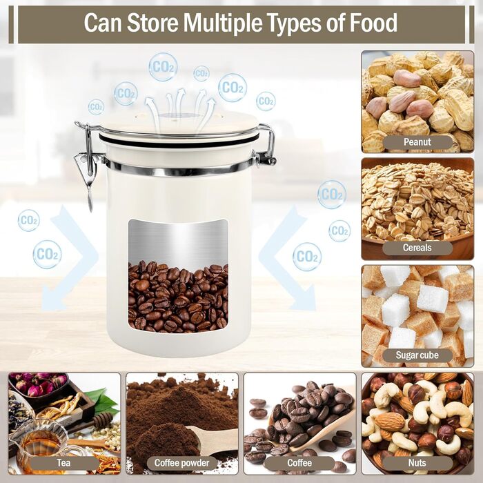 Герметичний контейнер для кави з нержавіючої сталі 1,8л з випускним клапаном, Vorratsdose для кавових зерен, горіхів, какао (Бежевий/Білий)