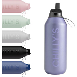Chilly's Series 2 Flip Bottle - Thermos Flask with Sport Cap, Telescopic Straw and Nylon Carry Loop - Stainless Steel Bottle with Easy Flip Opening, Includes Straw Cleaning Brush (Lavender, 500 ml)