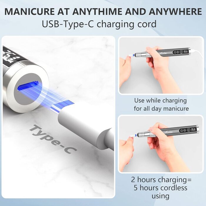 Електрична машинка для манікюру та педикюру Kredioo бездротова, 35000 об/хв з 6 насадками для видалення кутикули, шкарлагу, акрилу та гелю