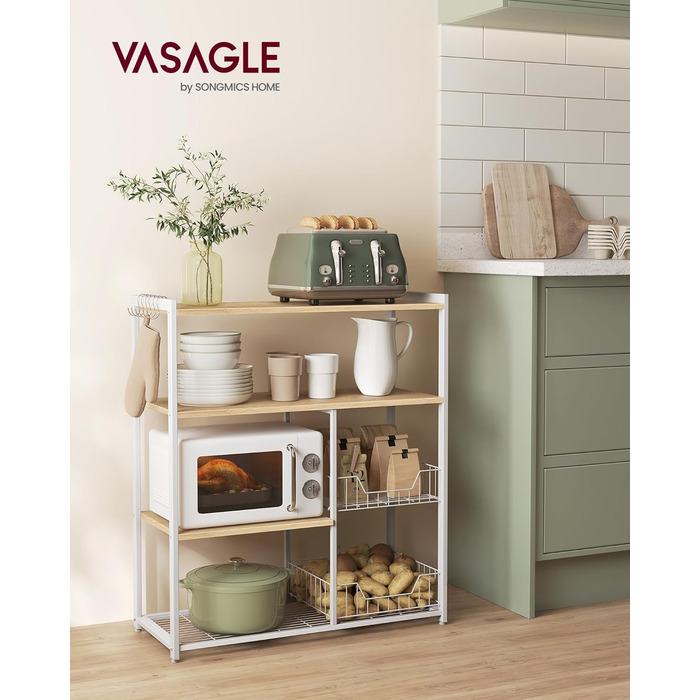 Стелаж кухонний VASAGLE з 2 металевими кошиками, стелаж-пекарня з гачками та полицями, для мікрохвильової печі, 35 x 80 x 93,5 см, золотий дуб + білий