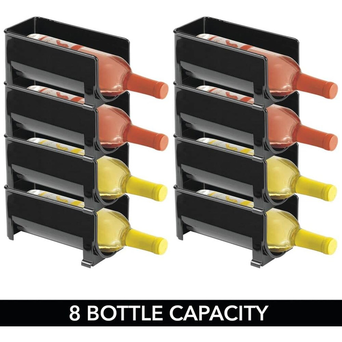 mDesign Modern Bottle Holder (8 Pack) – Stackable Bottle Rack for Water Bottles and Drinking Bottles – Wine Bottle Holder for Kitchen or Pantry – Black