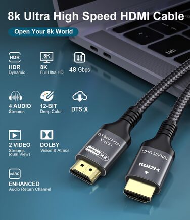 HDMI 2.1 Кабель 3м, 48Gbps, 8K, 4K 240Hz, Ethernet, CEC, ARC, eARC, HDCP2.3, HDR10+ (3 м)