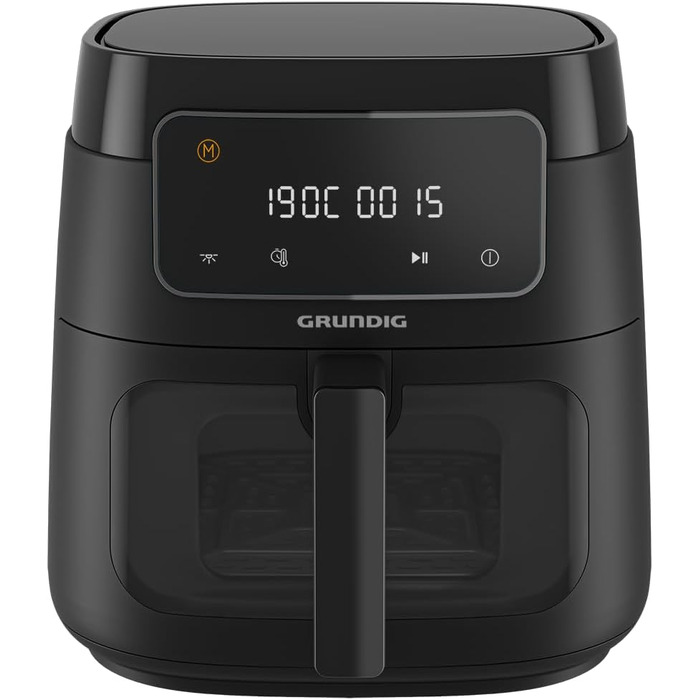 Аерофритюрниця Grundig FRY 7320, 7,6 л, 1750 Вт, сенсорний дисплей, велике оглядове вікно, регулювання температури і часу, антипригарне покриття, кошик для посудомийки, чорна