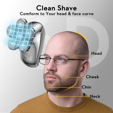 Електричний гостроювач для голови чоловічий Kibiy з 6 змінними головками, IPX7 водонепроникний, LED-дисплей, зарядка Type-C (замінна головка 6D)