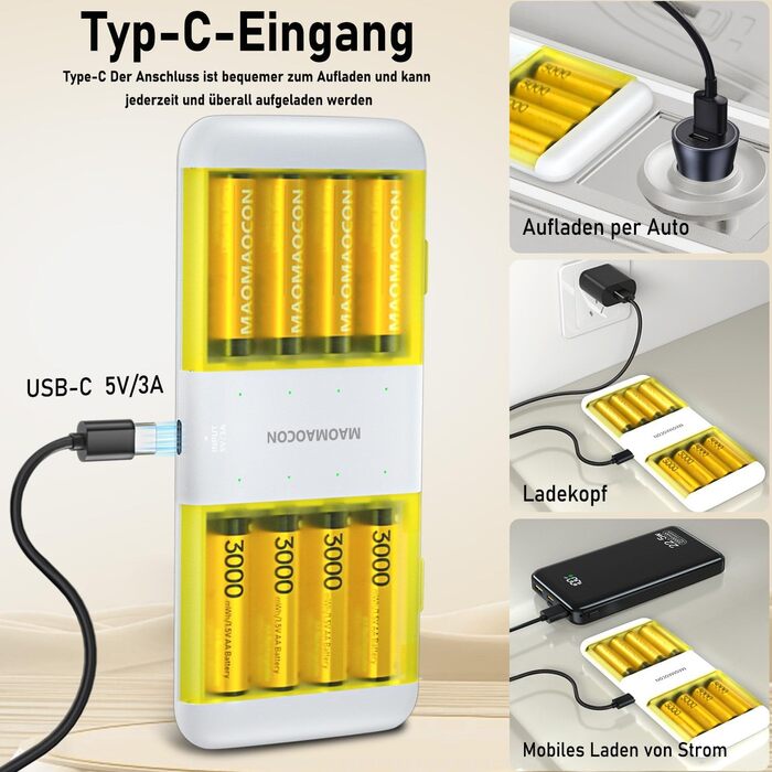 8 Li-Ion AA акумулятори з зарядним пристроєм, перезаряджувані батарейки AA, 1.5V, 3000mAh, Mignon AA, з функцією заряджання та зберігання