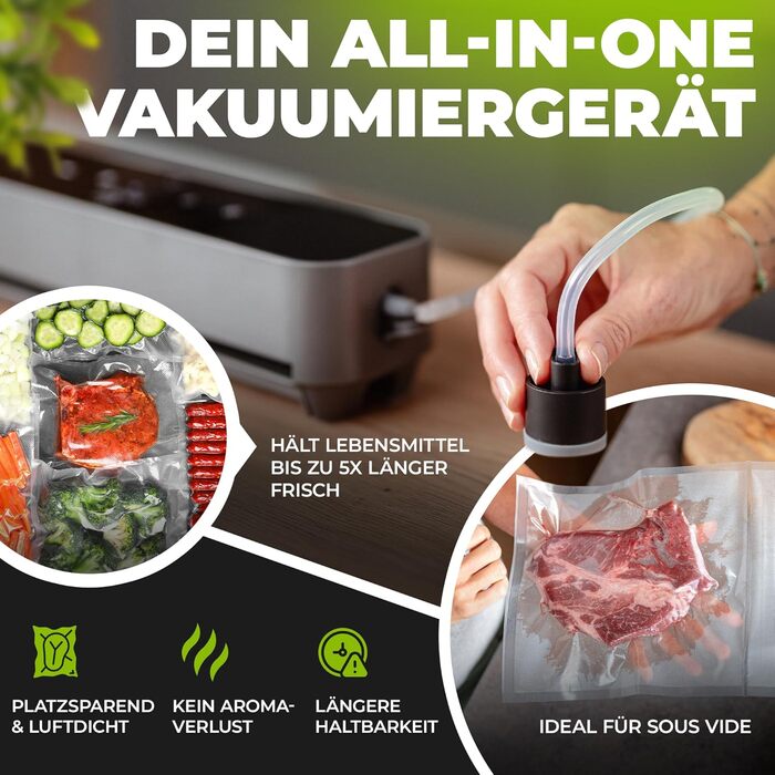 Вакуумний пакувальник SEALWAVE для продуктів харчування: потужний, широкий зварювальний шов, тихий та ефективний, універсальний (для вологих та сухих продуктів), легке очищення, з 10 безкоштовними пакетами