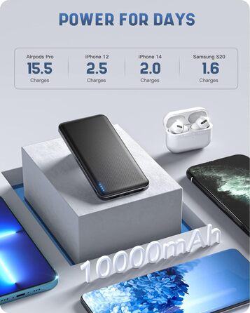 Портативний зарядний акумулятор Power Bank 10000mAh, ультратонкий, з USB-C, 2 USB виходи, сумісний з iPhone, iPad, Samsung, AirPods
