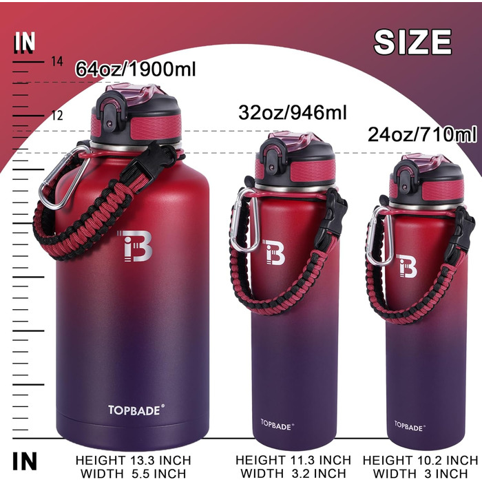 Stainless Steel Water Bottle 1900 ml (+2 Lids), 1.9 Liter Insulated Water Bottle with Straw, Leak-Proof Double-Walled Insulated Bottle with Chug Lid for School, Fitness, Outdoors