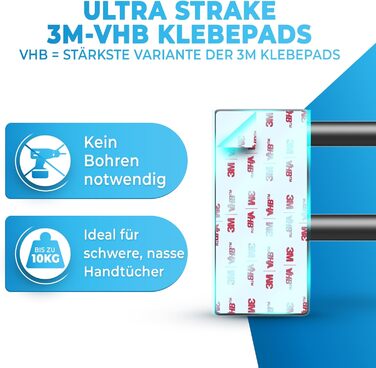 Тримач для рушників без свердління, нержавіюча сталь, чорний - з двома гачками, 80 см, для ванної кімнати, душової кабіни, кухні