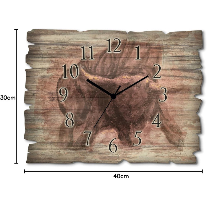ARTLAND Wall Decor Wall Clock without Ticking Sound, Wood, 30x40 cm, Rectangular, Silent, Nature, Animals, Forest Landscape, Original, Nordic, T5YP (Bull, Quartz Clock)