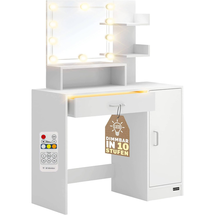 Туалетний столик Casaria з LED підсвіткою, дзеркалом і 3 полицями, білий, дерев'яний, з висувними шухлядами, для макіяжу, з пультом дистанційного керування, розмір 90x40 см