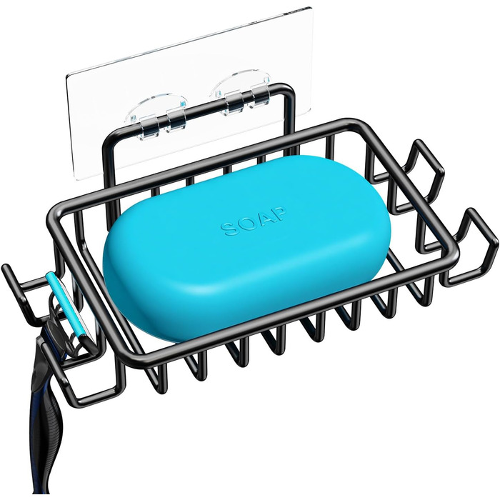 Тримач для мила з нержавіючої сталі з 4 гачками та зливом, самоклеючий, для душу та ванної кімнати (Чорний)