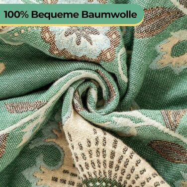HOORDRY Reversible Boho Daybed Cover with Tassels, 230x250CM, 100% Cotton Woven Throw Blanket, Couch Throw, Living Room Throw, Reversible Throw, Cozy Blanket, Sofa Blanket, Armchair Blanket with Pattern, Sunflowers, Green/Beige Sunflower 230×250CM
