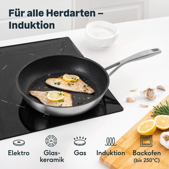 SILBERTHAL 3-Piece Stainless Steel Non-Stick Fry Pan Set - 20, 24, 28cm - Induction Compatible, Oven Safe