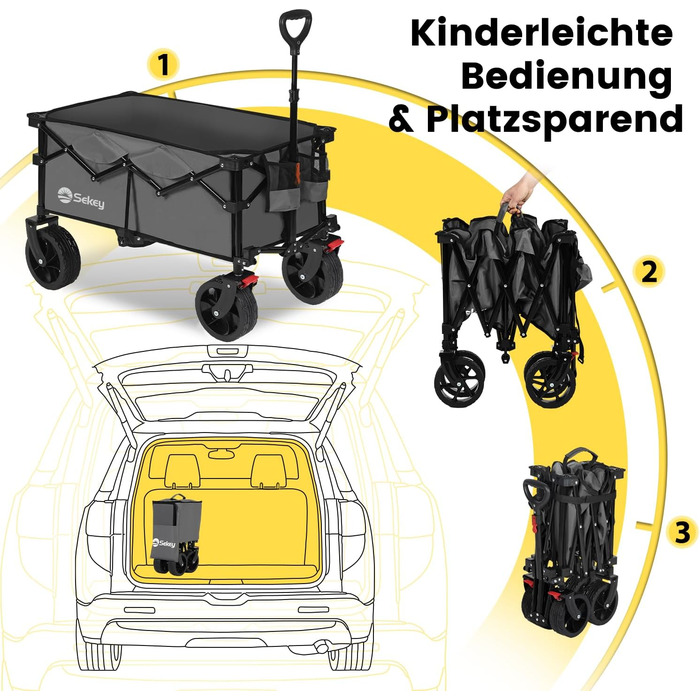 Bollerwagen Sekey XXXL: Складна вантажна платформа з великим об'ємом 150л, 200кг вантажопідйомністю, широкі колеса для бездоріжжя, антрацит
