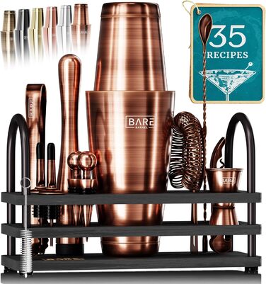 Bare Barrel Cocktail Shaker Set - 14 Piece Bar Set with Boston Shaker, Martini Accessories & Recipe Cards - Home Bartender Kit