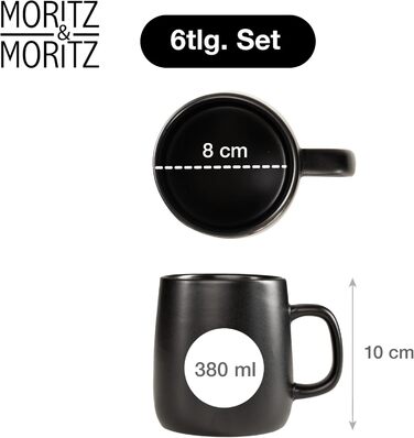 Набір кавових чашок Moritz & Moritz VIDA, 6 шт., чорний колір, 380 мл, з ручкою, з високоякісного порцеляну