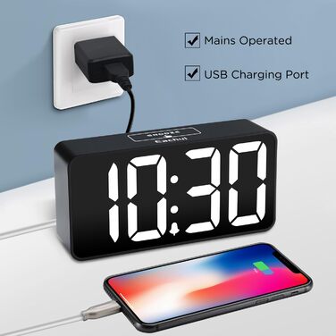 LED-годинник Eachui з USB-зарядкою, великий дисплей, регулювання яскравості та гучності, повторний сигнал, 12/24 год, цифровий годинник, живлення від мережі (чорний & білий)