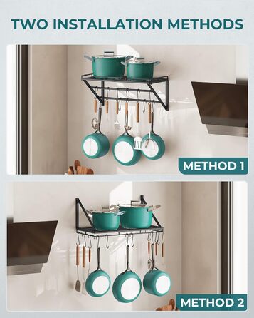 OROPY Pot Rack, 3-Tier Iron Kitchen Shelf, Wall Mount, Pan Holder with 12 Hooks, 60 * 29.5 * 24.5cm, Kitchen Utensil Holder, Kitchen Wall Shelf for Pots and Pans