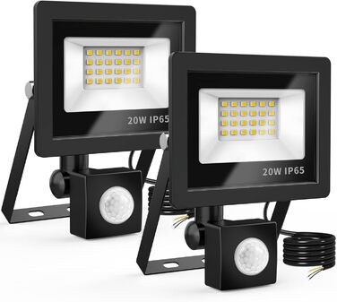 LED прожектор з датчиком руху, 20Вт 2000Лм, холодне біле світло 6500K, водонепроникний IP65, для вулиці, двору, гаража, комплект 2шт