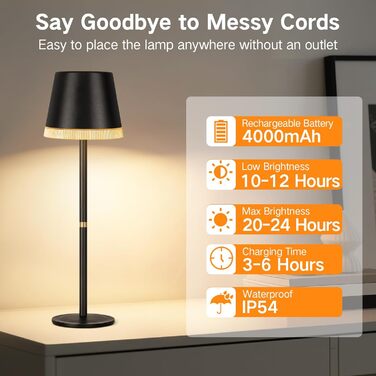 Світлодіодний настільний світильник OUTON з акумулятором, USB-C, 4000mAh, 3 режими освітлення, димування, сенсорне управління, чорний (2 шт)