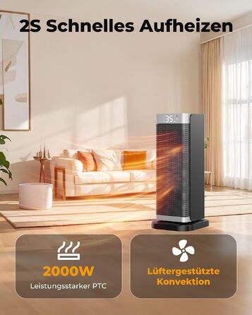 Керамічний обігрівач Fitabok 2000W з дистанційним керуванням, PTC-нагрівачем, таймером на 12г та ECO-режимом, поворот 70°, захист від перегріву та перекидання, чорний