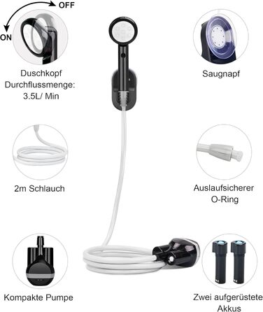 LIBERRWAY Camping Shower with Pump, Camping Shower Set with Rechargeable Battery, 2m Shower Hose Outdoor Shower for Garden Beach Camping Travel Car Washing, Mobile Shower Black (black-2 Batteries)