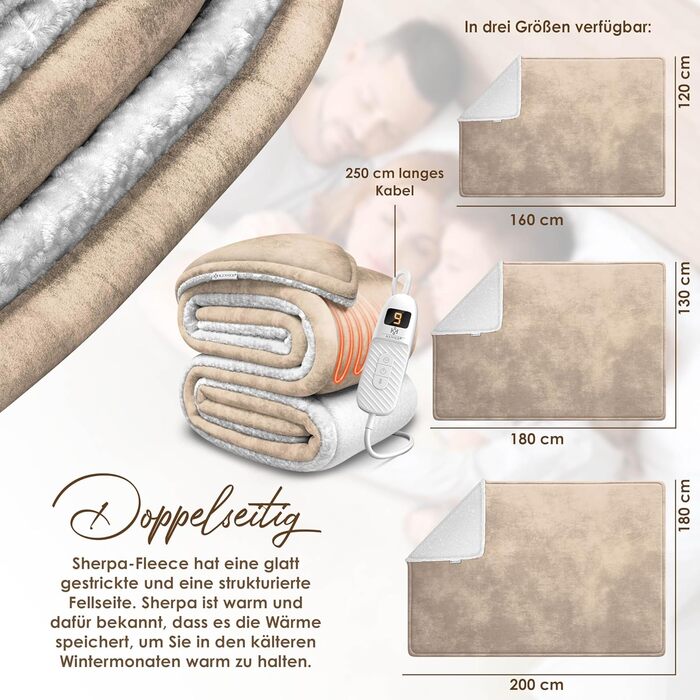 Електрична грілка KESSER® 200x180 см з автовимкненням | Двостороння, 9 температурних режимів, з таймером та цифровим дисплеєм | Підходить для ліжка та дивана | Можна прати до 40°C