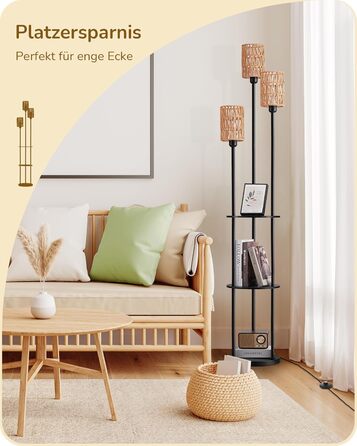 Стійка лампа EDISHINE для вітальні з трьома плафонами, вінтажний стиль, полиця, абажур з ротангу, 3 x E27, з лампочками, бохо-стиль, з вимикачем на ніжці, 178 см, чорний