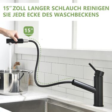 Кухонний змішувач AIMADI висувний чорний з 3-х режимним душем, 38 см шланг, однорідний змішувач для холодної та гарячої води, підходить для раковини та кухонного острова, водоспад, чорний колір