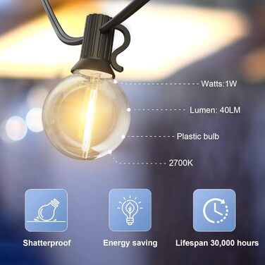 LED гірлянда GLUROO для вулиці, 7.6м, 12+1 лампочки G40, вологостійка, тепле світло, для саду, вечірок